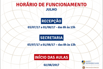 Horário de funcionamento – julho 2017